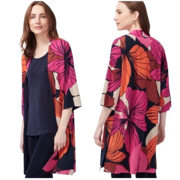 Chicos Travelers Open Front Long Floral‎ Duster Sweater Size M Pink Orange - Picture 1 of 4